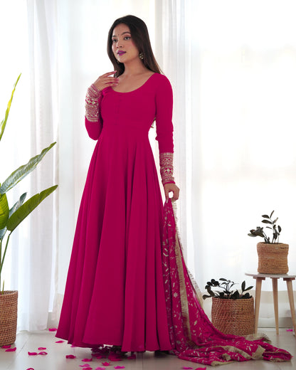 Rani Pink Colour New Georgette Anarkali Gown Duppta Full Set With Pent