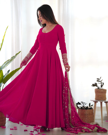 Rani Pink Colour New Georgette Anarkali Gown Duppta Full Set With Pent