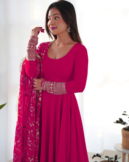 Rani Pink Colour New Georgette Anarkali Gown Duppta Full Set With Pent