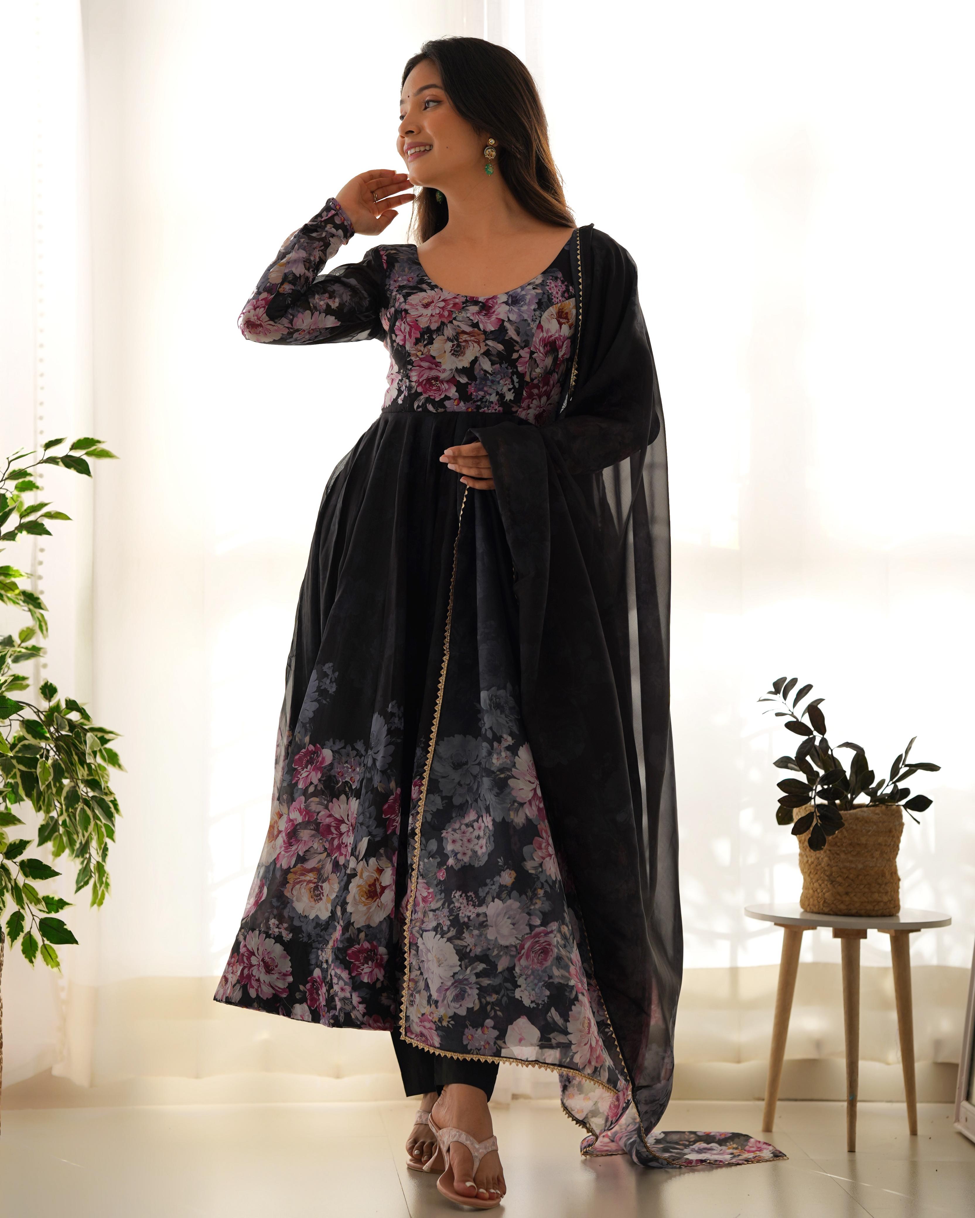 Black Pure Soft Organja Silk Fabric Fully Flair Kali Pattern And Canvas Patta With Dupatta Set Suit