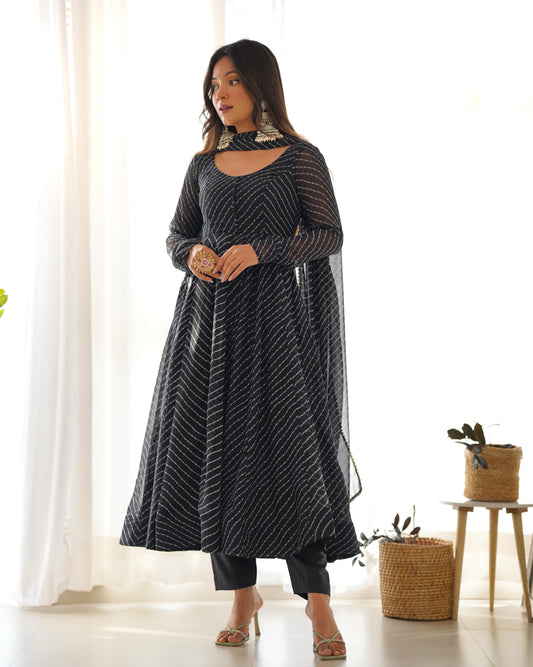 Black Pure Fox Georgette Laheriya Print Fabric Fully Flair Anarkali Duppta With Pent