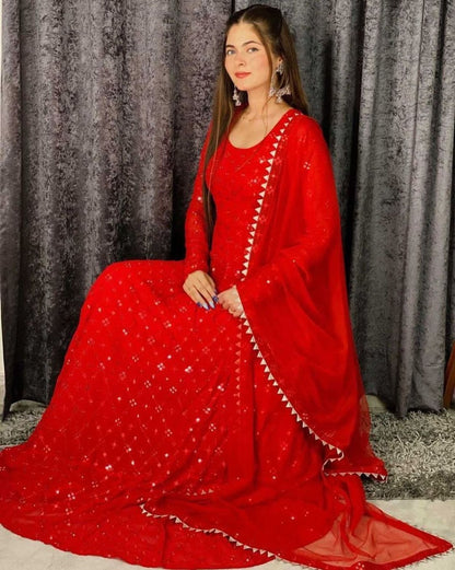 Exclusive Trendy Look Red Colored Partywear Embroidered Georgette Gown with Net Dupatta Set