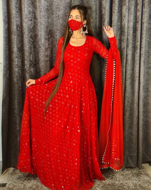 Exclusive Trendy Look Red Colored Partywear Embroidered Georgette Gown with Net Dupatta Set