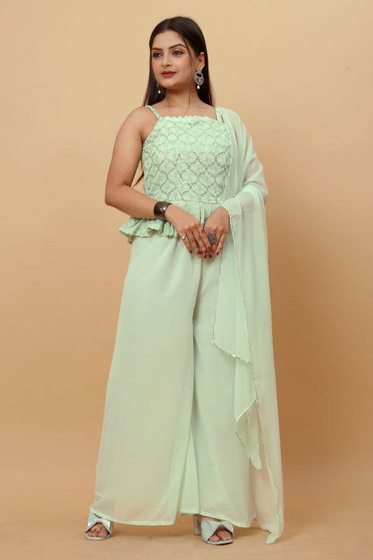 Exclusive Trendy Look Pista Colored Festive wear Embroidered Sequence Worked Top and Bottom Set