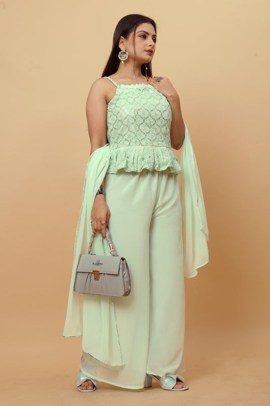 Exclusive Trendy Look Pista Colored Festive wear Embroidered Sequence Worked Top and Bottom Set