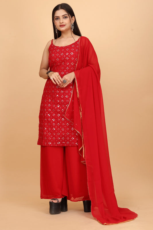 Glorious Red Colored Partywear Embroidered Sequence Worked Kurta and Palazzo with Dupatta Set