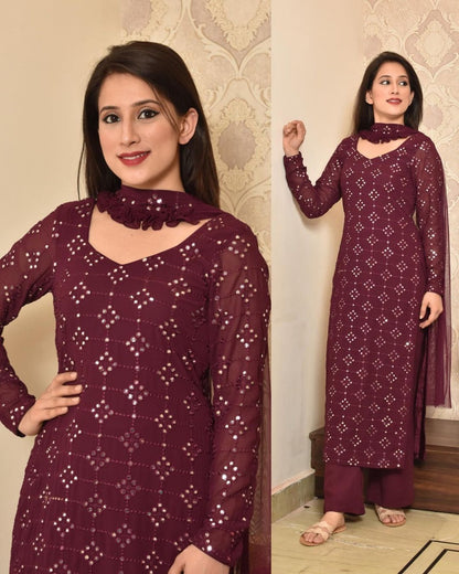 Desirable Maroon Colored Partywear Embroidered Mirror Worked Kurta and Palazzo with Dupatta Set