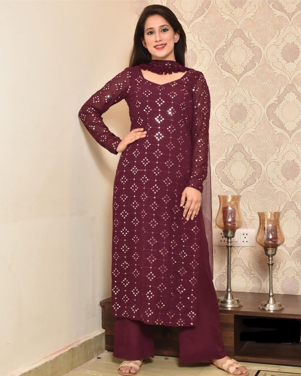 Desirable Maroon Colored Partywear Embroidered Mirror Worked Kurta and Palazzo with Dupatta Set