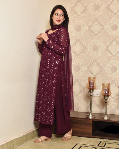 Desirable Maroon Colored Partywear Embroidered Mirror Worked Kurta and Palazzo with Dupatta Set