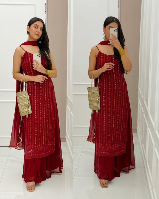 Demanding Maroon Colored Partywear Embroidered Sequence Worked Kurta and Palazzo with Dupatta Set