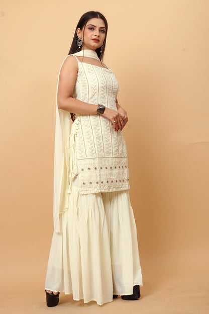 Unique White Colored Partywear Embroidered and Sequence Worked Sharara Suit with Dupatta Set