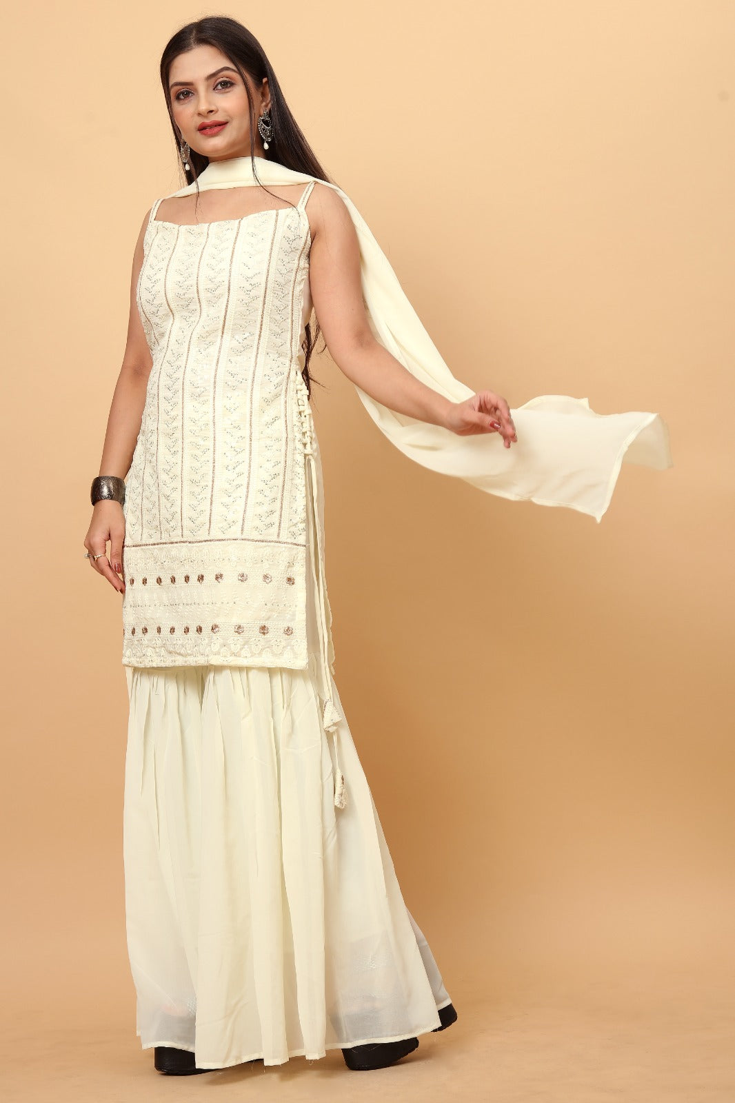 Unique White Colored Partywear Embroidered and Sequence Worked Sharara Suit with Dupatta Set