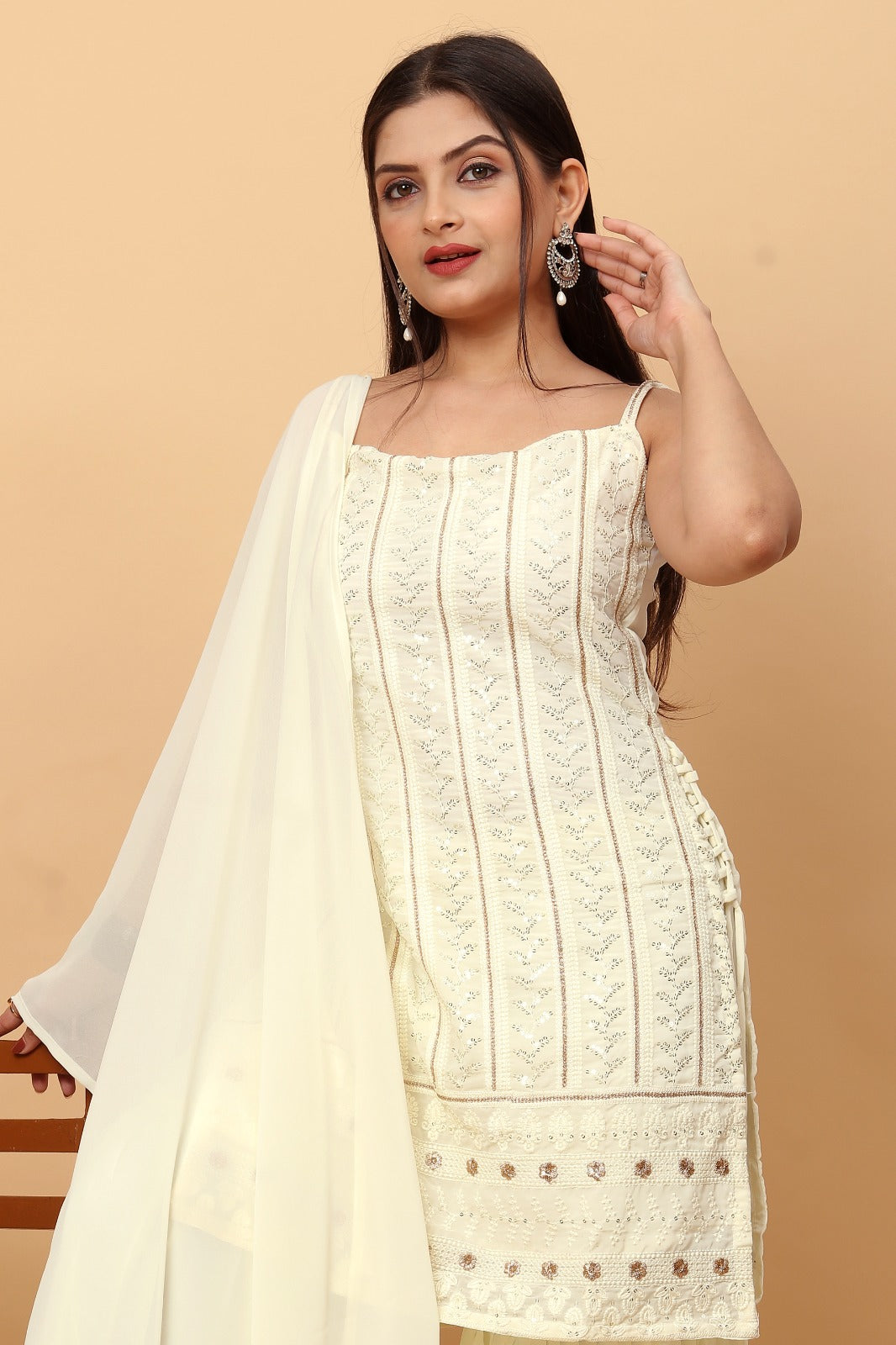 Unique White Colored Partywear Embroidered and Sequence Worked Sharara Suit with Dupatta Set