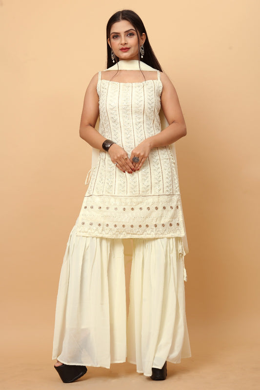 Unique White Colored Partywear Embroidered and Sequence Worked Sharara Suit with Dupatta Set