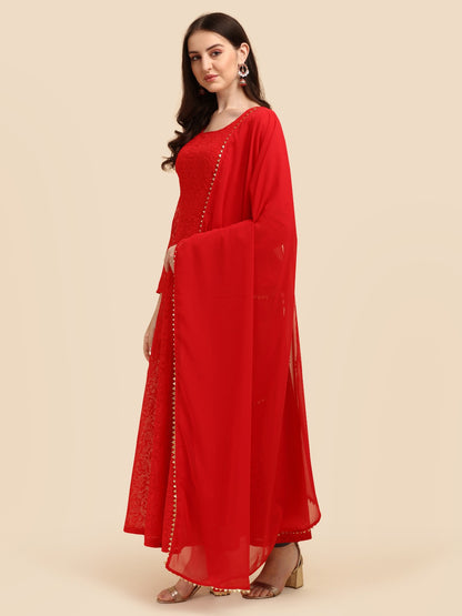 Exclusive Red Colored Chikankari Worked Georgette Gown with Dupatta Set