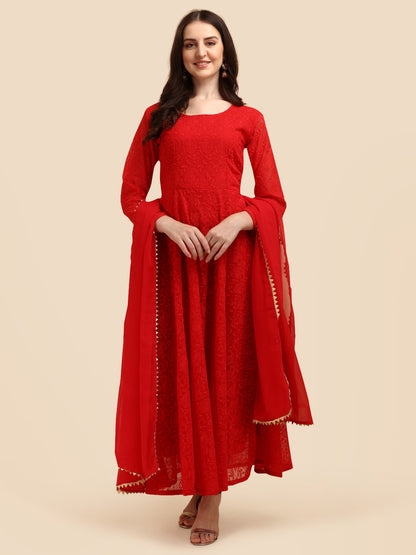 Exclusive Red Colored Chikankari Worked Georgette Gown with Dupatta Set