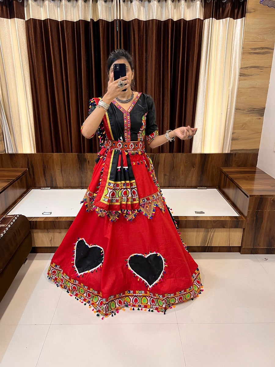 RED COLOR COTTON SILK GAMTHI WORK BUTTA LACE WORK FULLY STITCHED NAVRATRI LEHENGA CHOLI