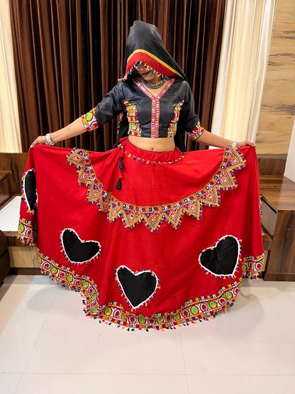 RED COLOR COTTON SILK GAMTHI WORK BUTTA LACE WORK FULLY STITCHED NAVRATRI LEHENGA CHOLI