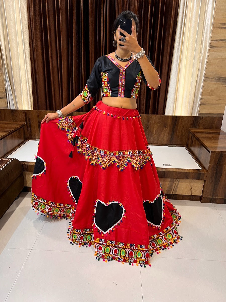 RED COLOR COTTON SILK GAMTHI WORK BUTTA LACE WORK FULLY STITCHED NAVRATRI LEHENGA CHOLI