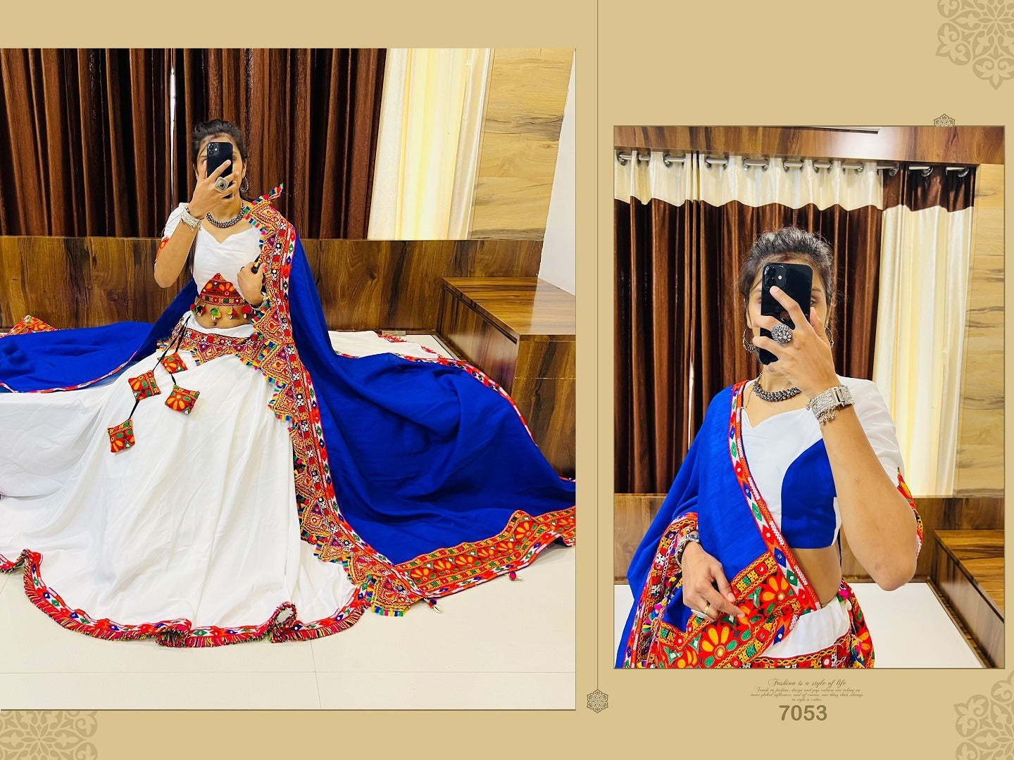 WHITE BLUE COLOR COTTON SILK GAMTHI WORK BUTTA LACE WORK FULLY STITCHED NAVRATRI LEHENGA CHOLI