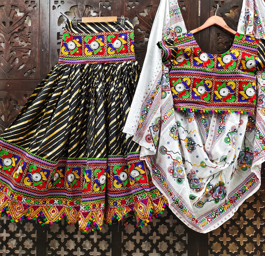 Black Pure Heavy Rayon Cotton With Lehriya Golden Print And Heavy Work Border Real Mirror Work Navratri Lehenga Choli