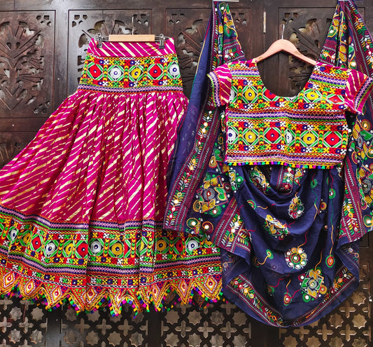 Pink Pure Heavy Rayon Cotton With Lehriya Golden Print And Heavy Work Border Real Mirror Work Navratri Lehenga Choli