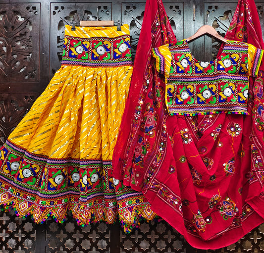 Yellow Pure Heavy Rayon Cotton With Lehriya Golden Print And Heavy Work Border Real Mirror Work Navratri Lehenga Choli