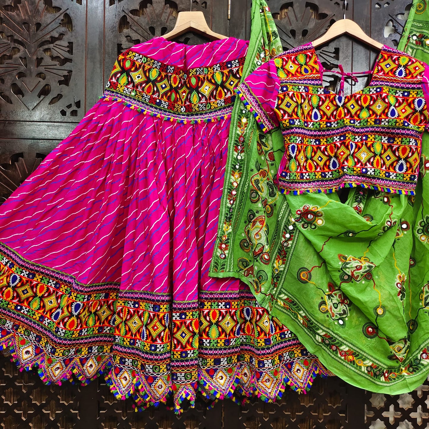 Pink Pure Heavy Rayon Cotton With Lehriya Print And Heavy Work Border Real Mirror Work Navratri Lehenga Choli