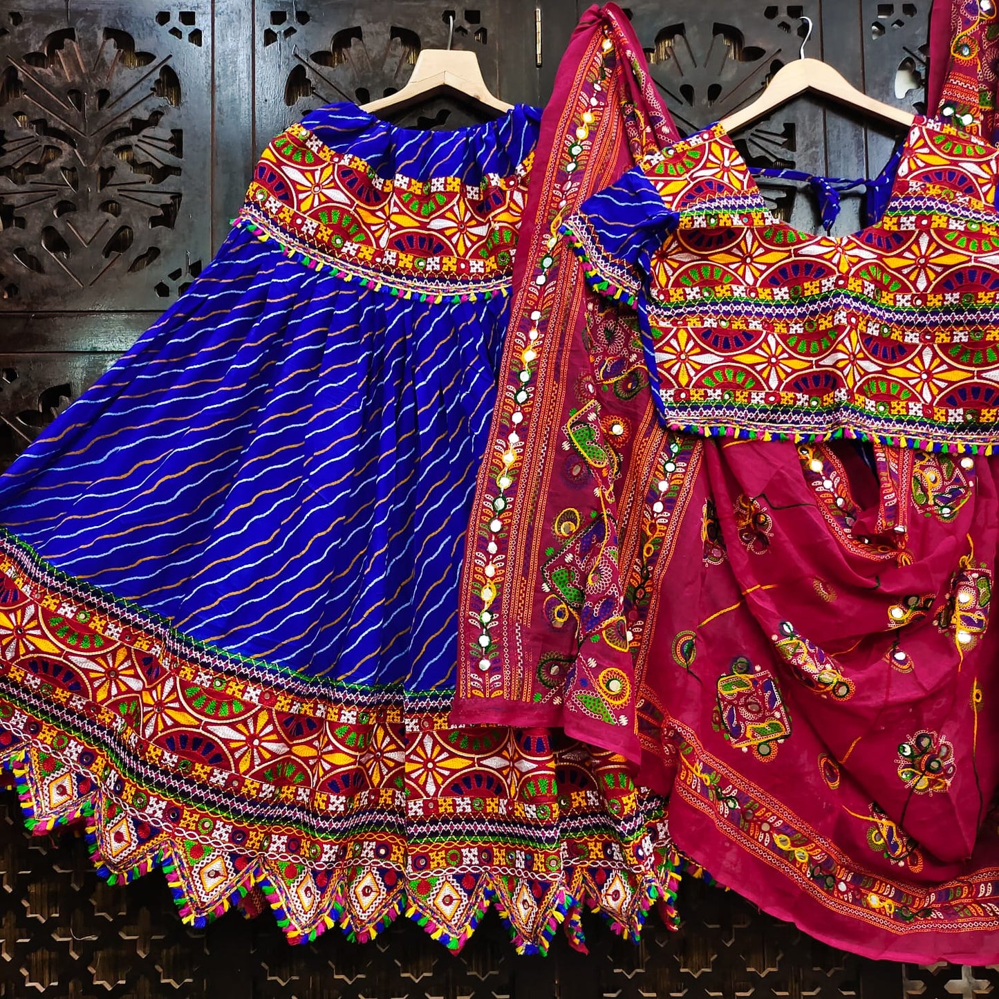 Blue Pure Heavy Rayon Cotton With Lehriya Print And Heavy Work Border Real Mirror Work Navratri Lehenga Choli