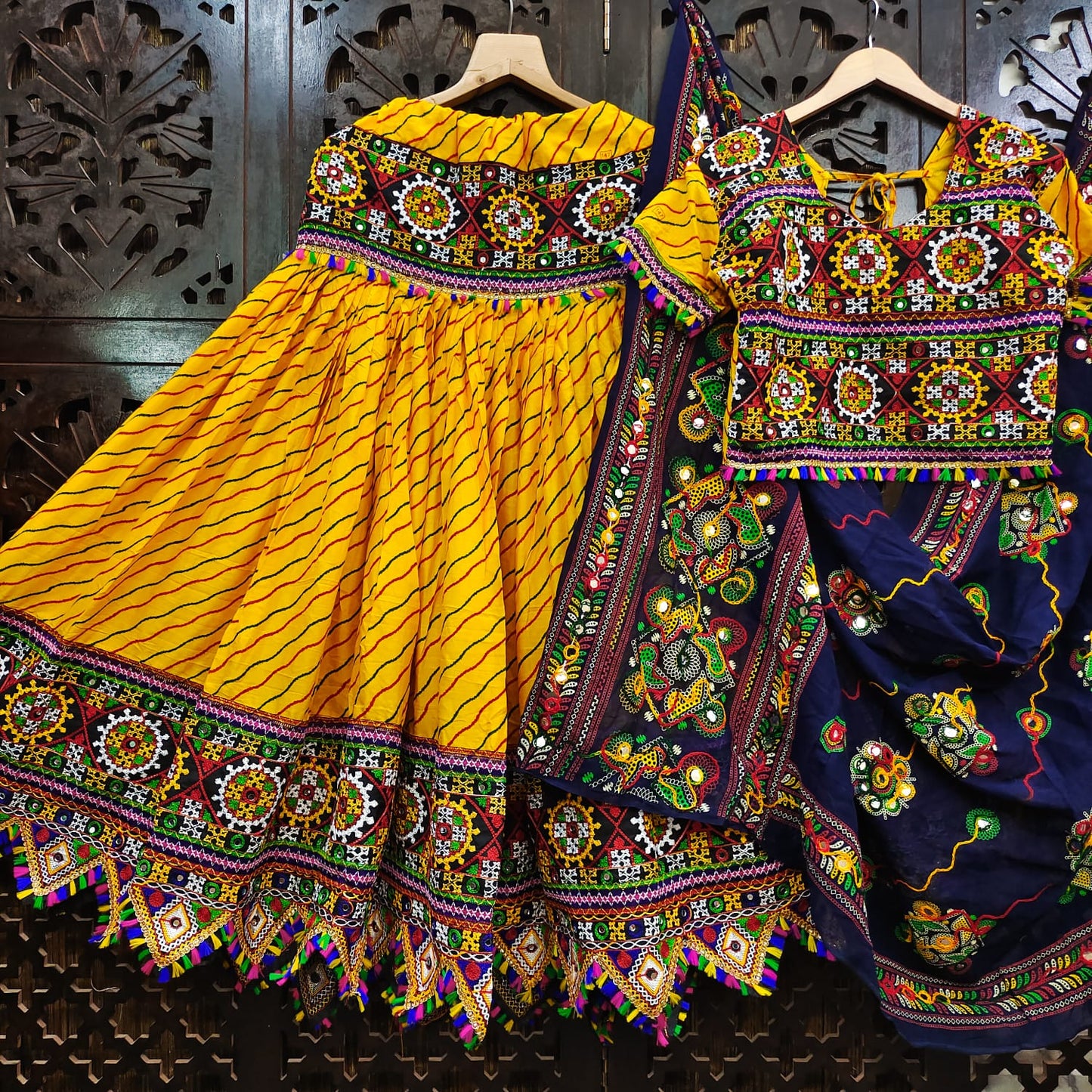 Yellow Pure Heavy Rayon Cotton With Lehriya Print And Heavy Work Border Real Mirror Work Navratri Lehenga Choli