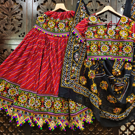 Red Black Pure Heavy Rayon Cotton With Lehriya Print And Heavy Work Border Real Mirror Work Navratri Lehenga Choli