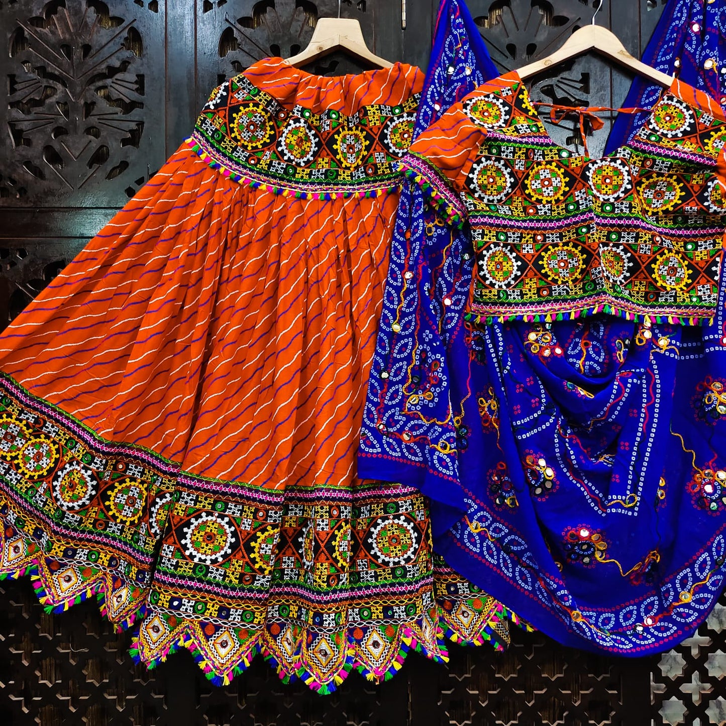 Orange Pure Heavy Rayon Cotton With Lehriya Print And Heavy Work Border Real Mirror Work Navratri Lehenga Choli