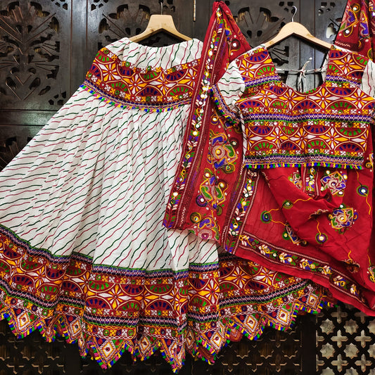 White Pure Heavy Rayon Cotton With Lehriya Print And Heavy Work Border Real Mirror Work Navratri Lehenga Choli