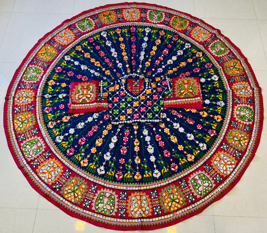 Dark Blue Pure Cotton Full Aari Embroidered Work With Drawstring Navratri Lehenga Choli