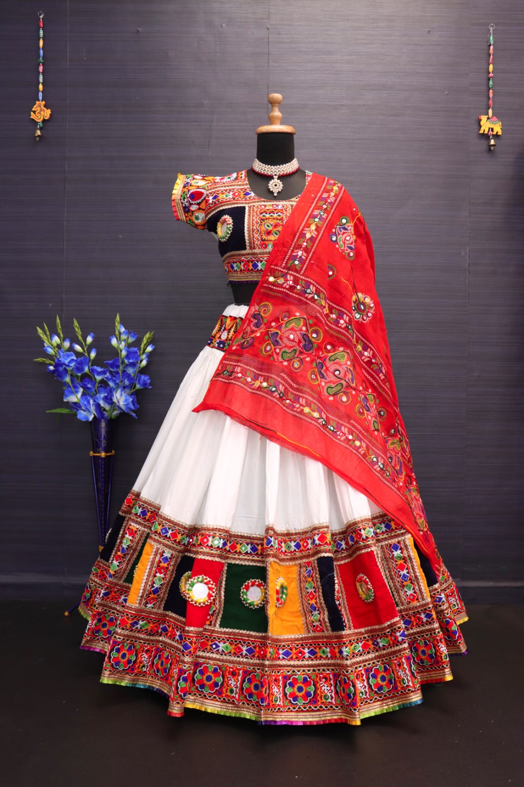 White Pure Heavy Rayon Cotton With Heavy Work Border And Handmade Bangadi With Paper Mirror Work Navratri Lehenga Choli