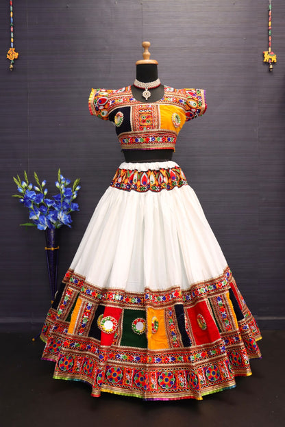 White Pure Heavy Rayon Cotton With Heavy Work Border And Handmade Bangadi With Paper Mirror Work Navratri Lehenga Choli