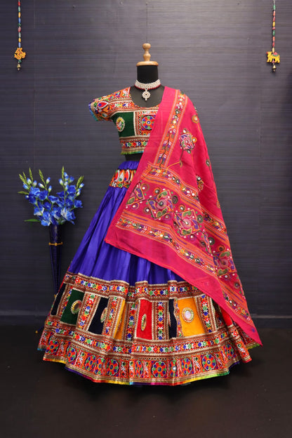 Blue Pure Heavy Rayon Cotton With Heavy Work Border And Handmade Bangadi With Paper Mirror Work Navratri Lehenga Choli