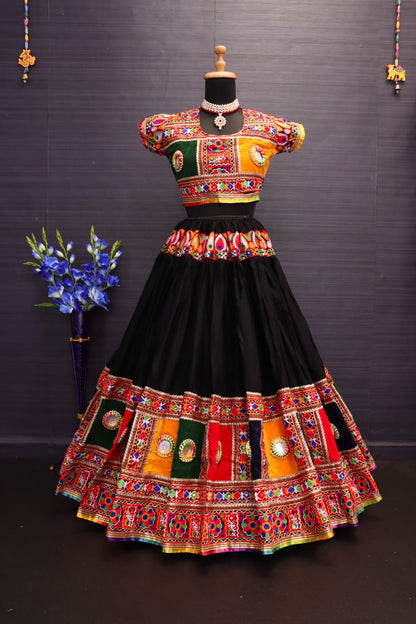 Black Pure Heavy Rayon Cotton With Heavy Work Border And Handmade Bangadi With Paper Mirror Work Navratri Lehenga Choli