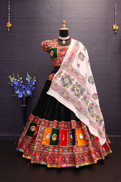 Black Pure Heavy Rayon Cotton With Heavy Work Border And Handmade Bangadi With Paper Mirror Work Navratri Lehenga Choli