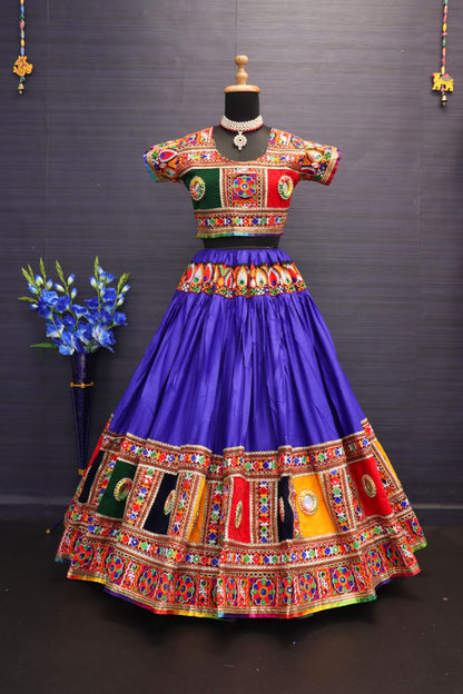 Blue Pure Heavy Rayon Cotton With Heavy Work Border And Handmade Bangadi With Paper Mirror Work Navratri Lehenga Choli