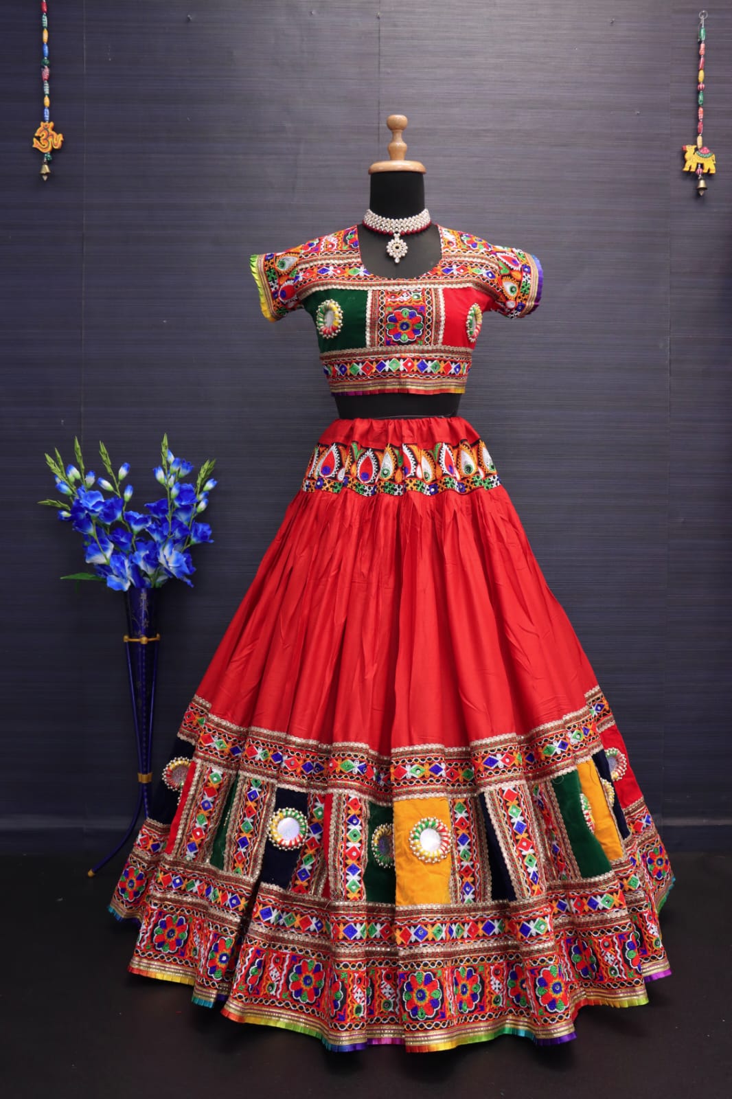 Red Pure Heavy Rayon Cotton With Heavy Work Border And Handmade Bangadi With Paper Mirror Work Navratri Lehenga Choli