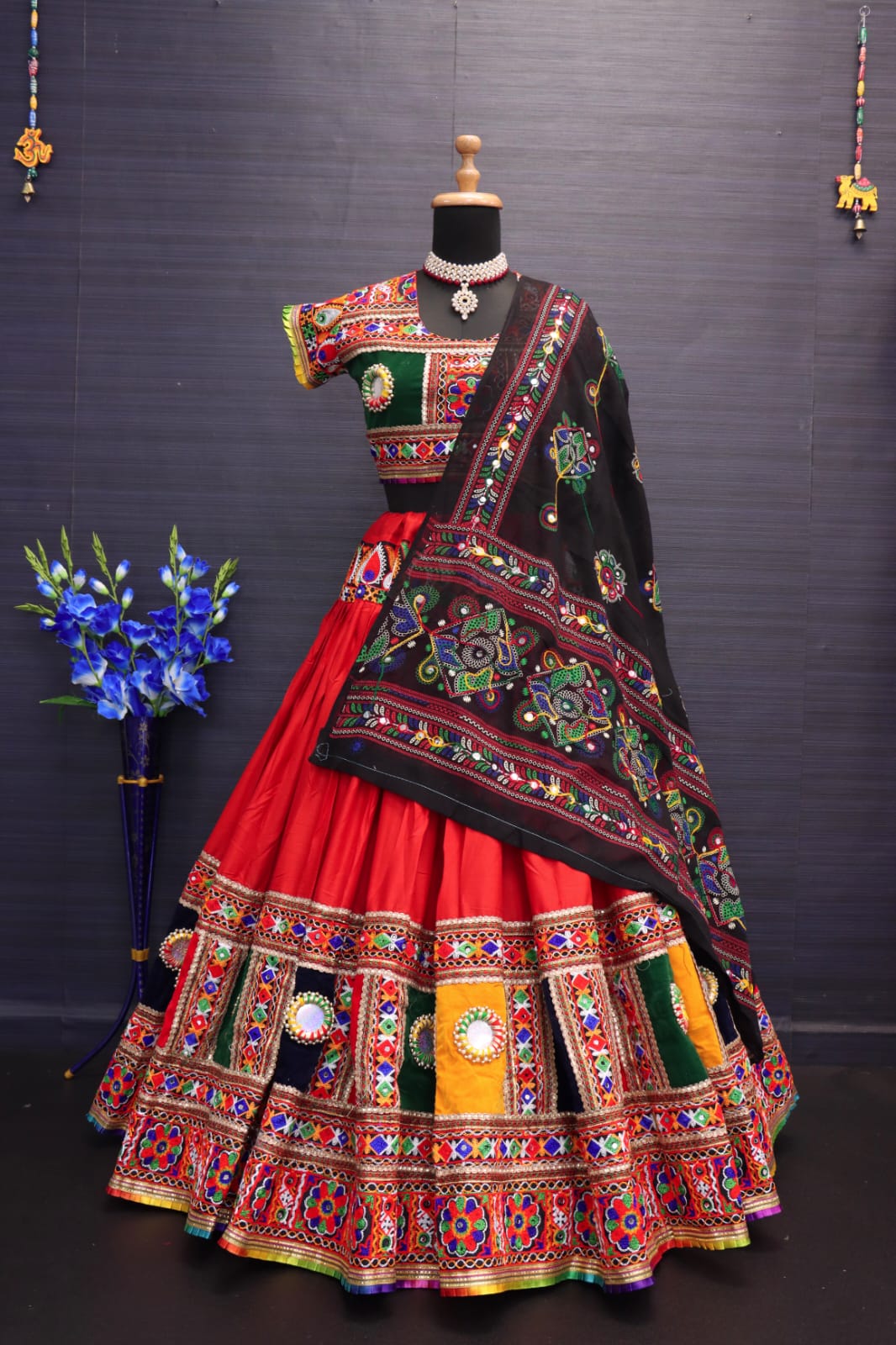 Red Pure Heavy Rayon Cotton With Heavy Work Border And Handmade Bangadi With Paper Mirror Work Navratri Lehenga Choli