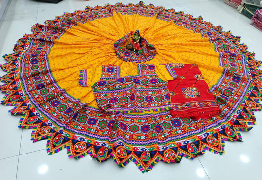 Yellow Pure Heavy Rayon Cotton With Bandhani Print And Real Mirror Work Navratri Lehenga Choli