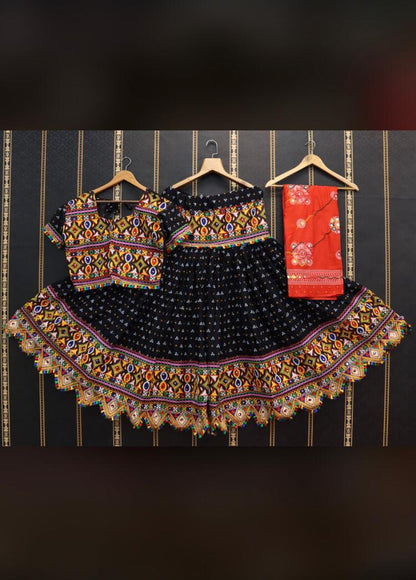 Black Pure Heavy Rayon Cotton With Bandhani Print And Real Mirror Work Navratri Lehenga Choli