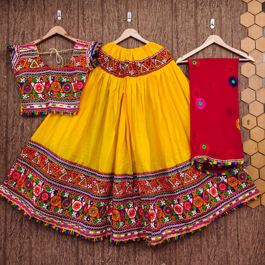 Yellow Pure Heavy Rayon Cotton With Heavy Work Border And Real Mirror Work Navratri Lehenga Choli