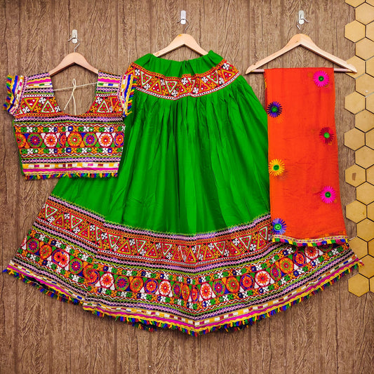 Green Pure Heavy Rayon Cotton With Heavy Work Border And Real Mirror Work Navratri Lehenga Choli