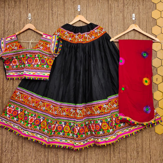 Black Pure Heavy Rayon Cotton With Heavy Work Border And Real Mirror Work Navratri Lehenga Choli