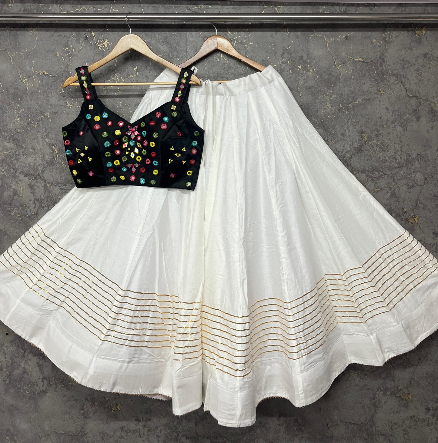 White Pure Reyon Cotton Manual Mirror Work Fully Stiched Navratri Lehenga Choli