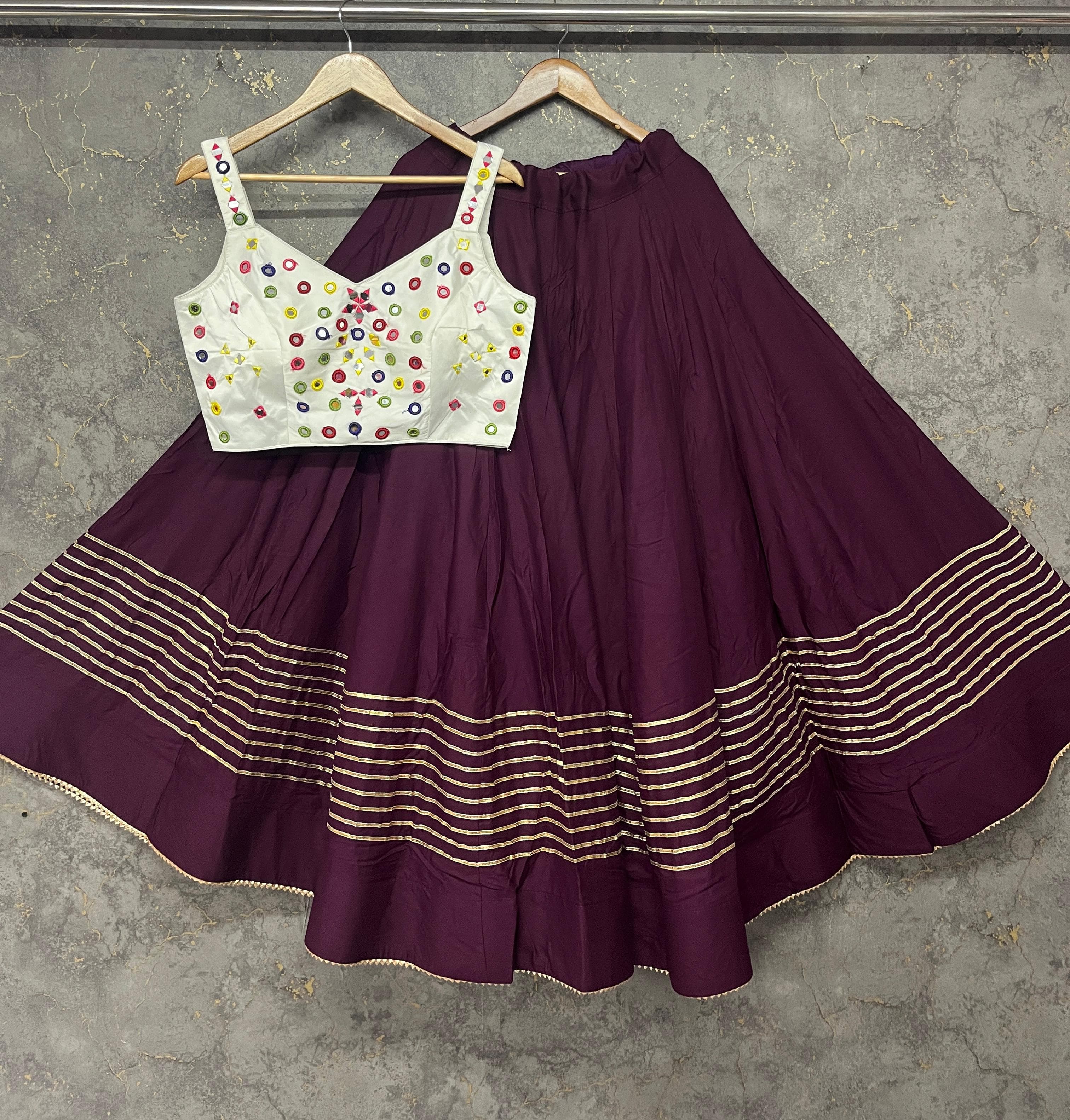 Wine Pure Reyon Cotton Manual Mirror Work Fully Stiched Navratri Lehenga Choli