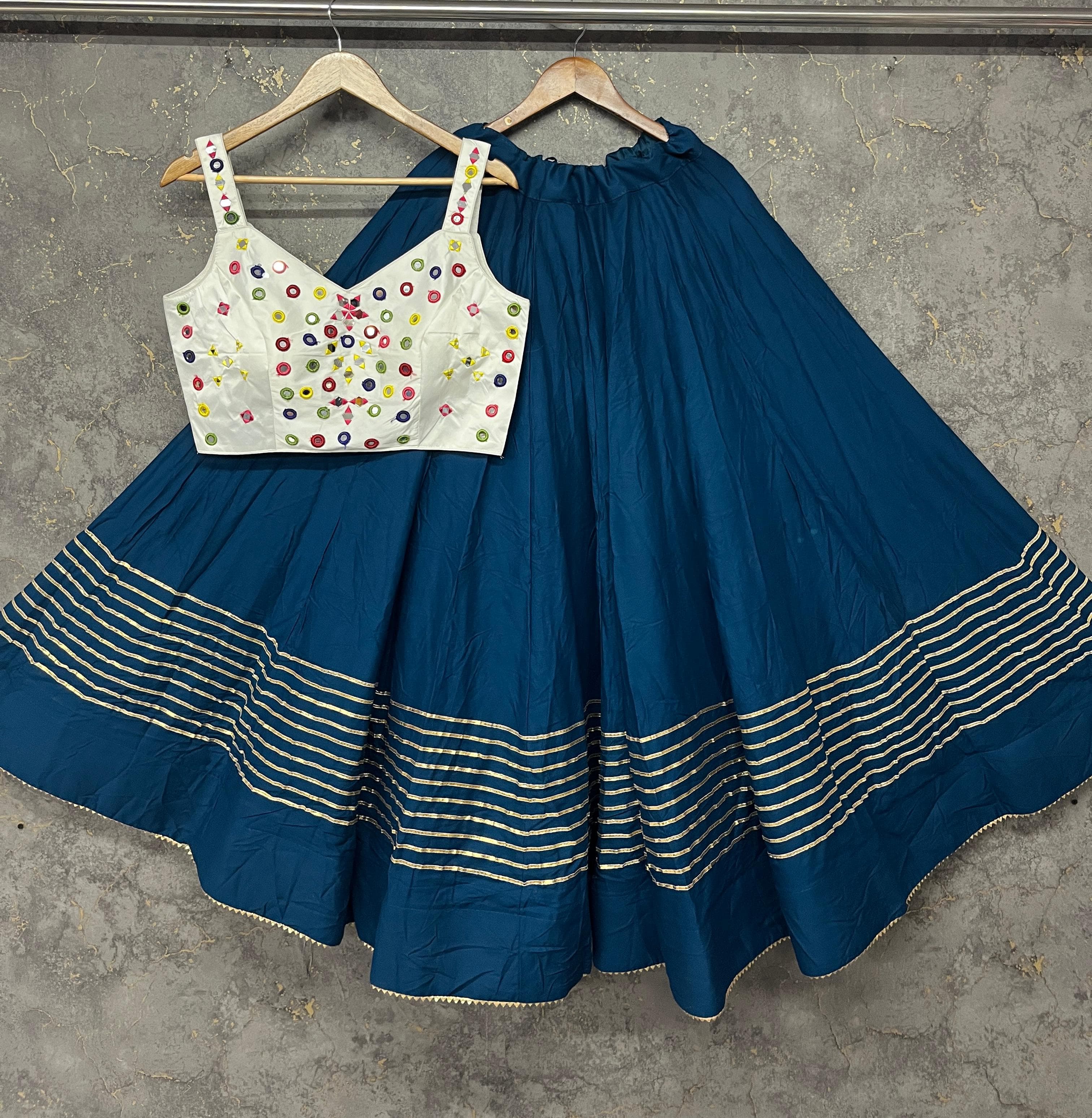 Navy Blue Pure Reyon Cotton Manual Mirror Work Fully Stiched Navratri Lehenga Choli